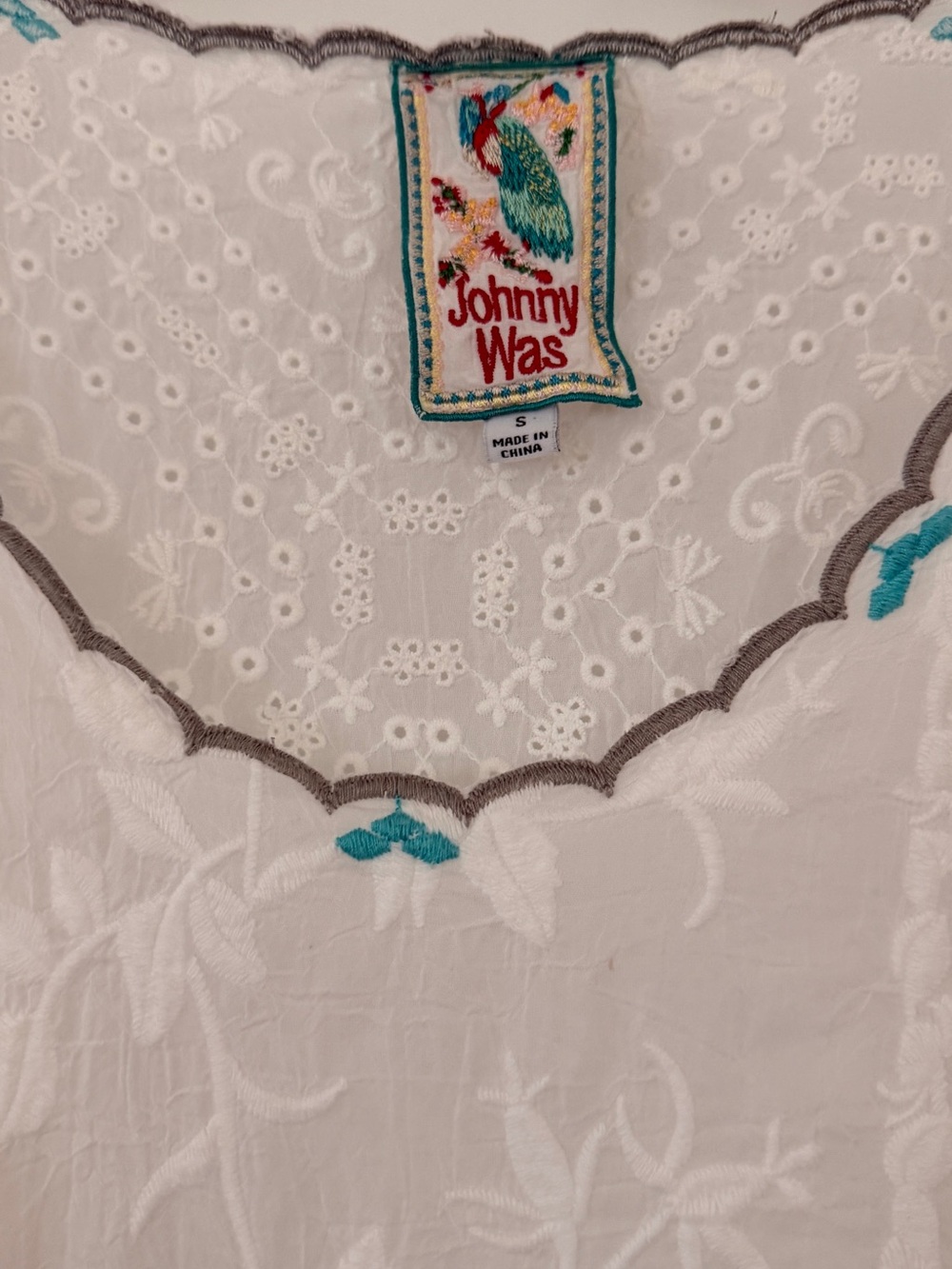Johnny Was White Embroidered Cotton Tunic with Teal & Gray Trim - Picture 2 of 3